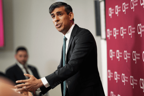 Prime Minister Rishi Sunak giving his speech on welfare reform, where he called for an end to the "sick note culture" and warned against "over-medicalising the everyday challenges and worries of life," in central London on April 19, 2024. (Yui Mok/PA Wire)