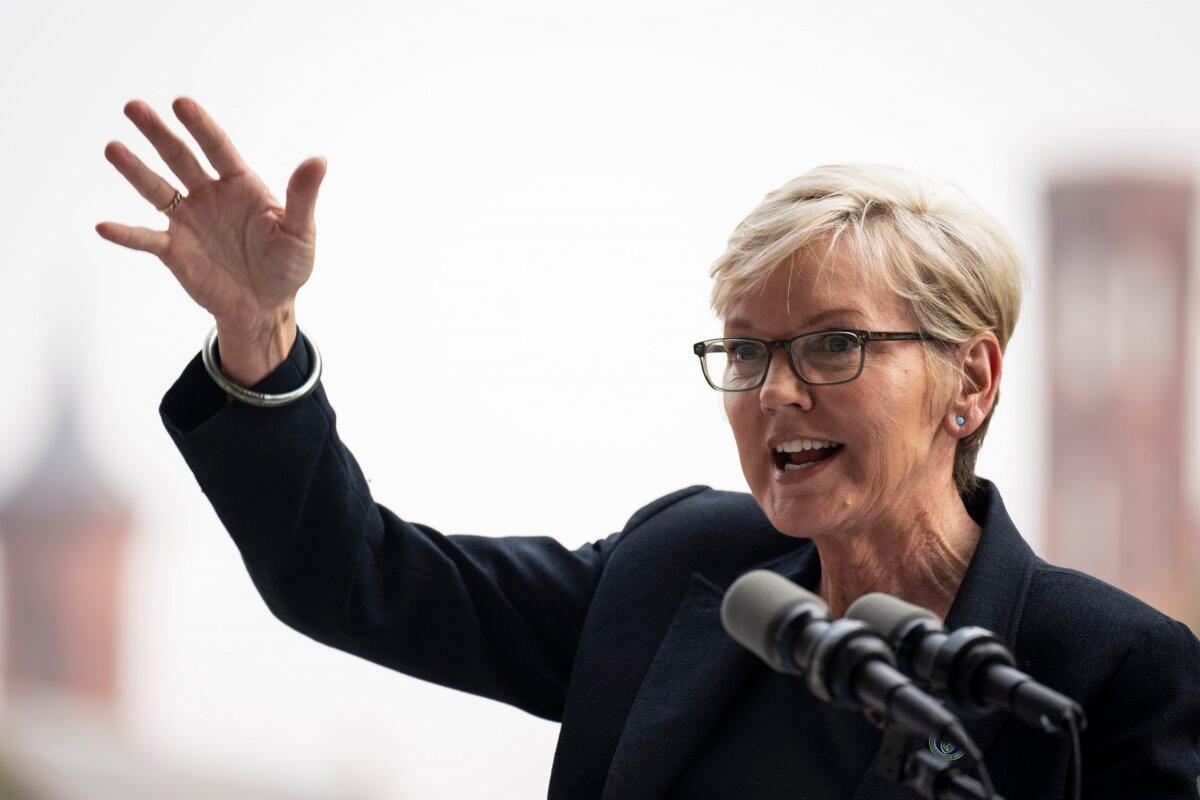 Secretary of Energy Jennifer Granholm speaks before helping to raise the Progress Pride flag outside of the Department of Energy in Washington on June 7, 2023. (Drew Angerer/Getty Images)