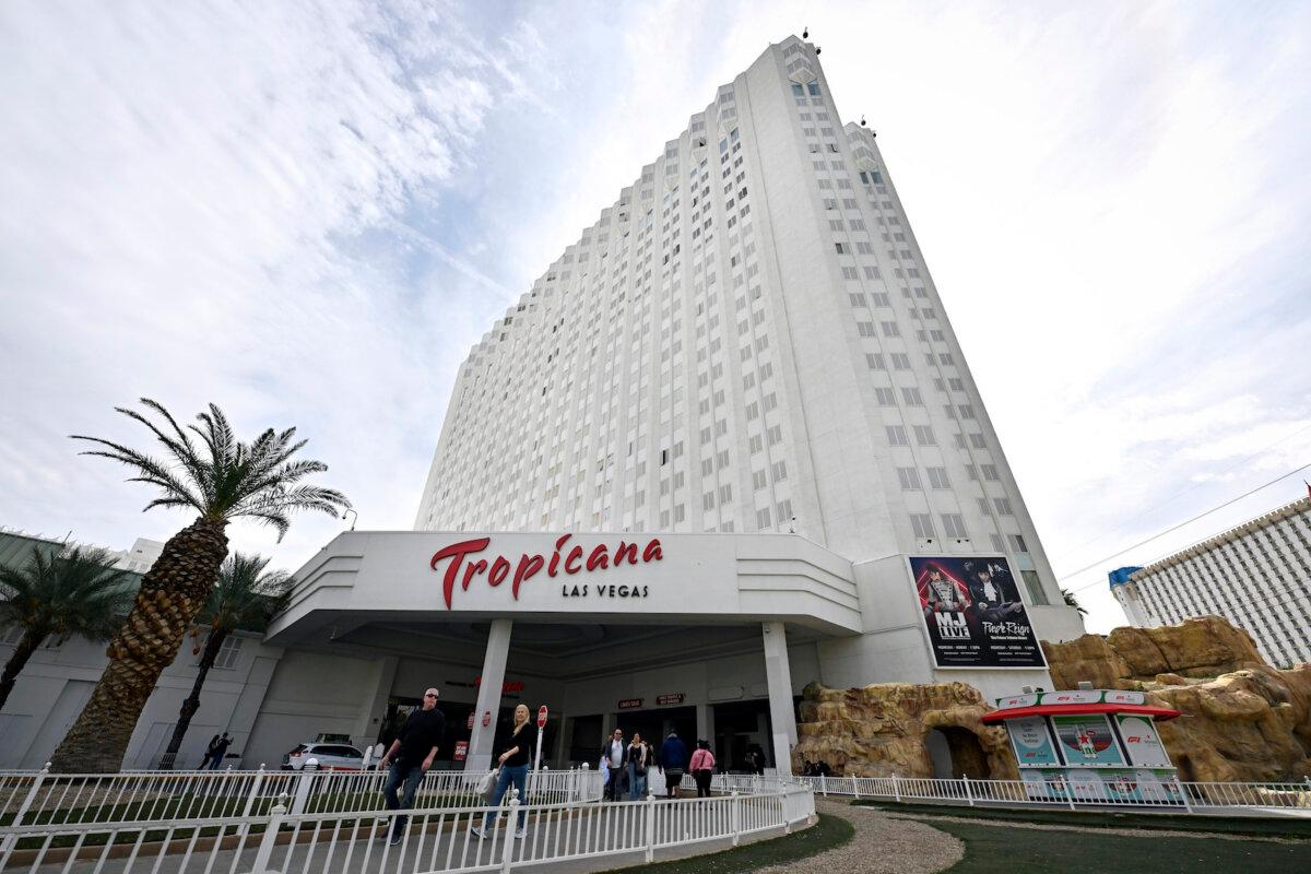 An exterior view shows the Tropicana Las Vegas in Las Vegas, Nev., on March 29, 2024. The hotel-casino opened in 1957 and will close on April 2, 2024, to make way for a planned $1.5 billion, 33,000-seat domed stadium for Major League Baseball's Oakland Athletics and a related resort development by Bally's and Gaming and Leisure Properties Inc. (David Becker/Getty Images)