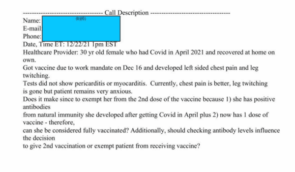 A cleaner copy of the same email, obtained after a successful appeal of the redactions, showed that the woman received a vaccine because of a mandate at work. (The Epoch Times)