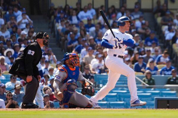 Los Angeles Dodgers' Freddie Freeman singles during the sixth inning of a baseball game against the New York Mets in Los Angeles on April 20, 2024. (Ashley Landis/AP Photo)