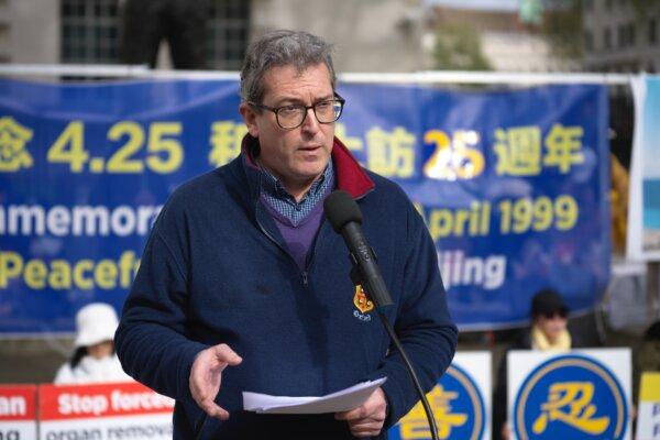 Benedict Rogers, co-founder of the Conservative Party Human Rights Commission and Hong Kong Watch, speaking at an event marking the 25th anniversary of a peaceful demonstration in Beijing, in London on April 20, 2024. (Yanning Qi/The Epoch Times)