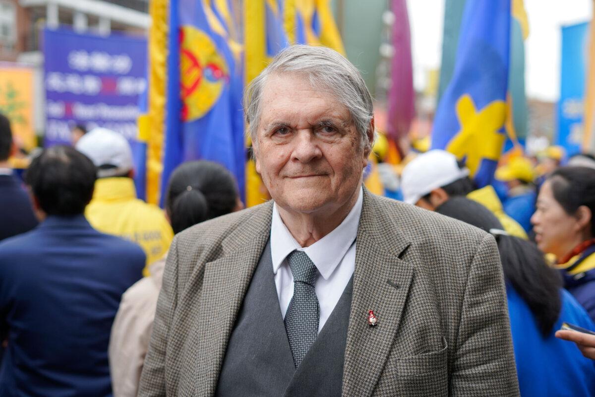 Frederick Newcomb at a rally calling for an end to the persecution in China of the spiritual discipline Falun Gong, in the Flushing neighborhood of Queens, New York, on April 21, 2024. (Chung I Ho/The Epoch Times)