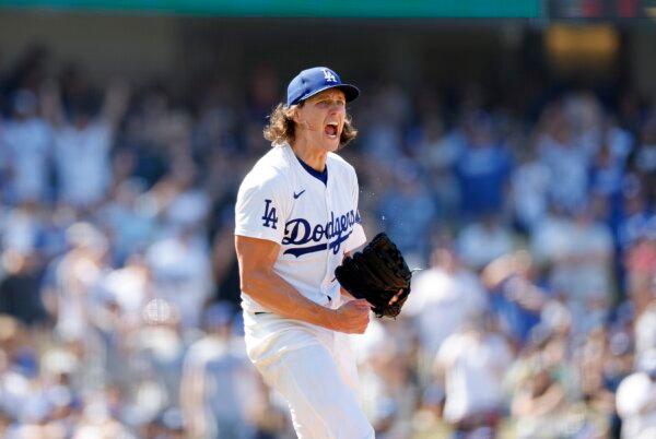 Starting pitcher Tyler Glasnow (31) of the Los Angeles Dodgers reacts after striking out the Tyrone Taylor (15) of the New York Mets for the last out of the eight inning with bases loaded in Los Angeles on April 21, 2024. (Kevork Djansezian/Getty Images)