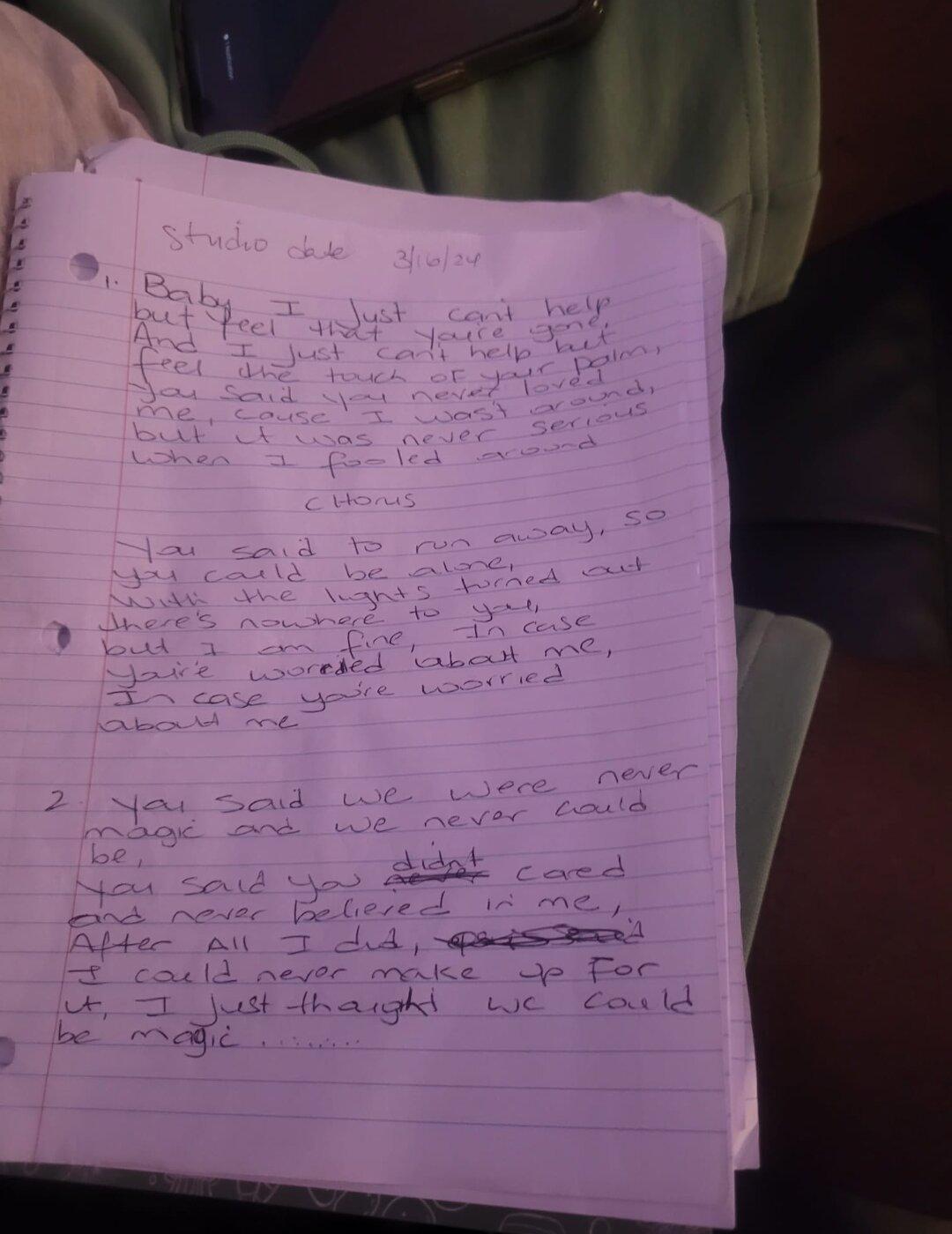 Aiden's handwritten lyrics of the song, "I Am Fine." (Courtesy of Kemorene Mills-Armstrong)