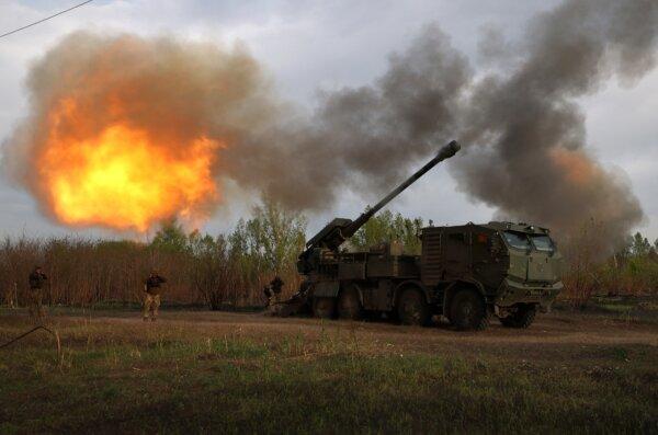 Gunners from 43rd Separate Mechanized Brigade of the Armed Forces of Ukraine fire at Russian position with a 155 mm self-propelled howitzer 2C22 "Bohdana", in the Kharkiv region, amid the Russian invasion in Ukraine, on April 21, 2024. (Anatolii Stepanov/AFP via Getty Images)
