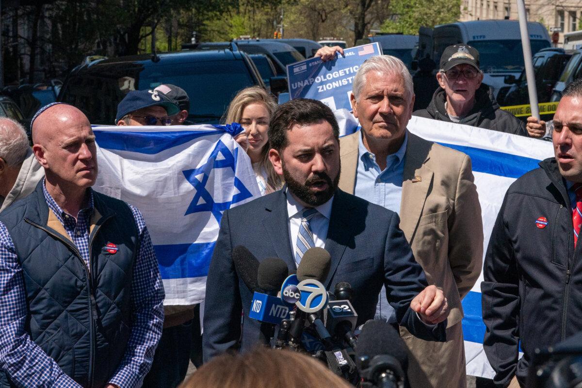 Rep. Mike Lawler (R-N.Y.) speaks during a press conference outside of Columbia University in New York on April 22, 2024. (David Dee Delgado/Getty Images)