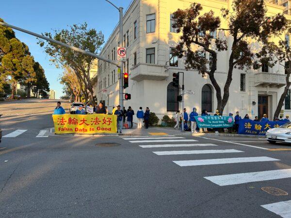 Falun Gong practitioners in front of the Chinese Consulate at 1450 Laguna St. in San Francisco on April 20, 2024. (Steve Ispas/The Epoch Times)