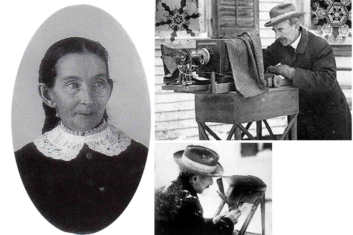 (Left) Mr. Bentley's mother, Fanny; (Top-Right) Mr. Bentley with his camera; (Bottom-Right) Mr. Bentley etching a negative. (Photos from Amy Bentley Hunt collection, Jericho Historical Society)