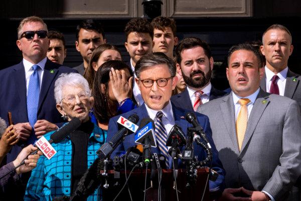 House Speaker Mike Johnson (R-La.) holds a press conference at the Columbia campus to call for the resignation of university president Minouche Shafik, in New York City, on April 24, 2024. (Alex Kent/Getty Images)