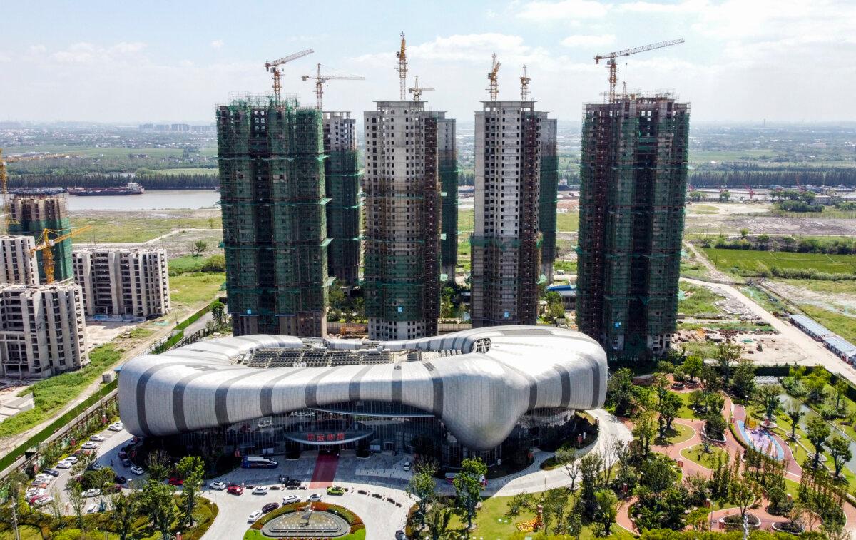 This aerial photo shows the halted under-construction Evergrande Cultural Tourism City in Taicang, Suzhou city, in China's eastern Jiangsu Province, on Sept. 17, 2021. (Vivian Lin/AFP via Getty Images)