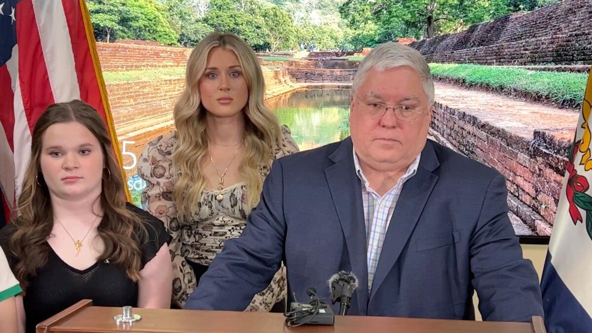 Riley Gaines (C) and West Virginia Attorney General Patrick Morrisey (R) speak at a press conference in the state Capitol in Charleston, W.Va., on April 24, 2024, in a still from video. (West Virginia Attorney General's Office/Screenshot via NTD)