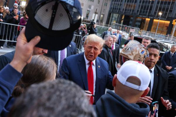 Former President Donald Trump greets union workers at the construction site of the new J.P. Morgan Chase building in New York City on April 25, 2024. (Michael M. Santiago/Getty Images)