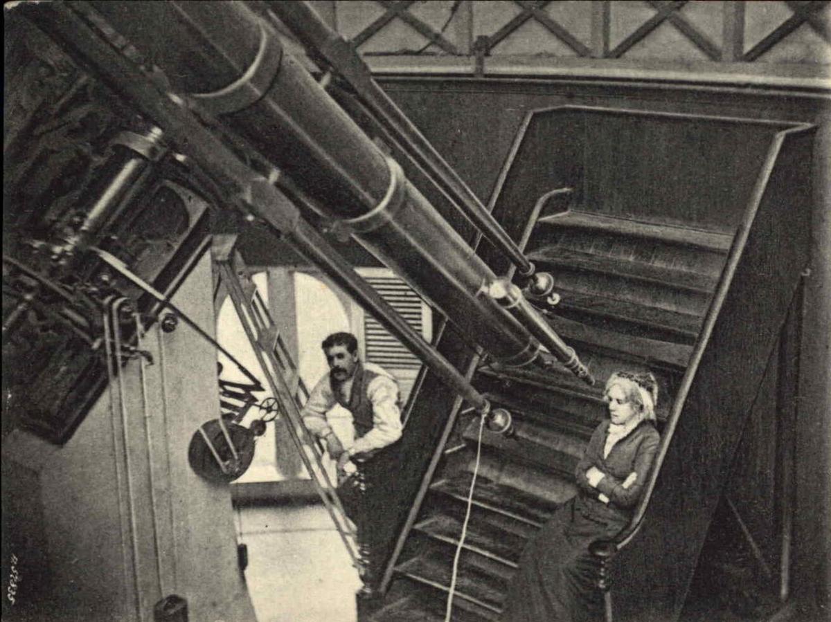 Maria Mitchell in a picture with one of Henry Fitz's telescopes. (Public Domain)