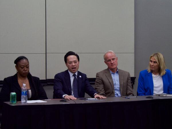 (L-R) Tinisch Hollins, Thien Ho, Magnus Lofstrom, and Rachel Michelin at a panel discussion of Proposition 47 in Sacramento, Calif., on April 24, 2024. (Travis Gillmore/The Epoch Times)