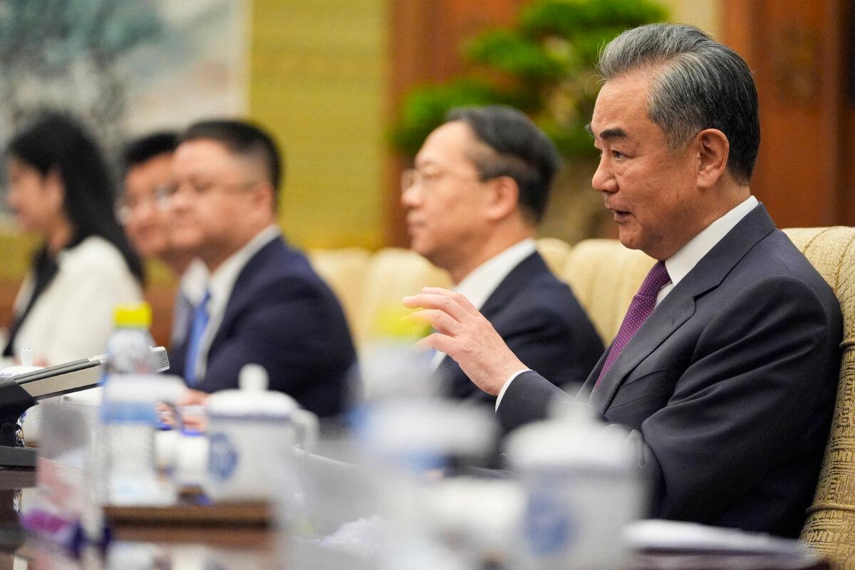 China's Foreign Minister Wang Yi (R) attends a meeting with U.S. Secretary of State Antony Blinken at the Diaoyutai State Guesthouse in Beijing on April 26, 2024. (Mark Schiefelbein/Pool/AFP via Getty Images)