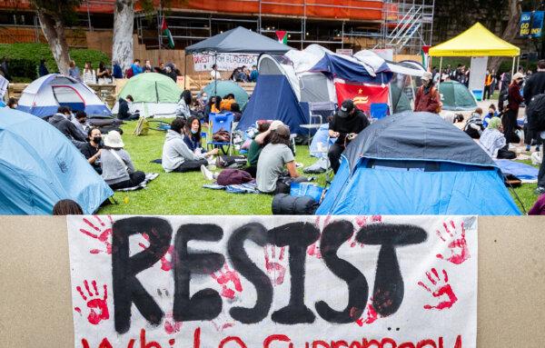 UCLA students protest the Israel-Hamas conflict, on the UCLA campus in Los Angeles on April 25, 2024. (John Fredricks/The Epoch Times)