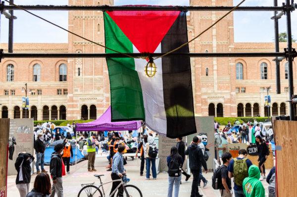 UCLA students protest the Israel-Hamas conflict, on the UCLA campus in Los Angeles on April 25, 2024. (John Fredricks/The Epoch Times)