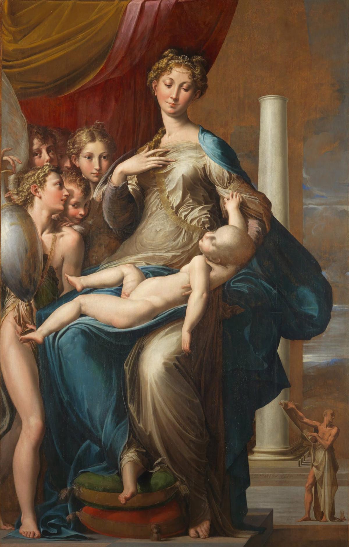Early Mannerist artwork is recognizable for its use of elongated forms, warped perspective, and precarious poses. "Madonna and Child with Angels" (known as the "Madonna with the Long Neck"), 1534 until 1540, by Parmigianino. Oil on panel. Uffizi Gallery, Florence. (Public Domain)