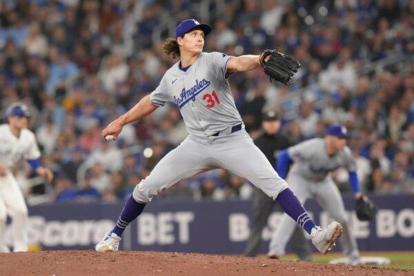 Los Angeles Dodgers pitcher Tyler Glasnow works against the Toronto Blue Jays during second inning of a baseball game in Toronto on April 27, 2024. (Chris Young/The Canadian Press via AP)