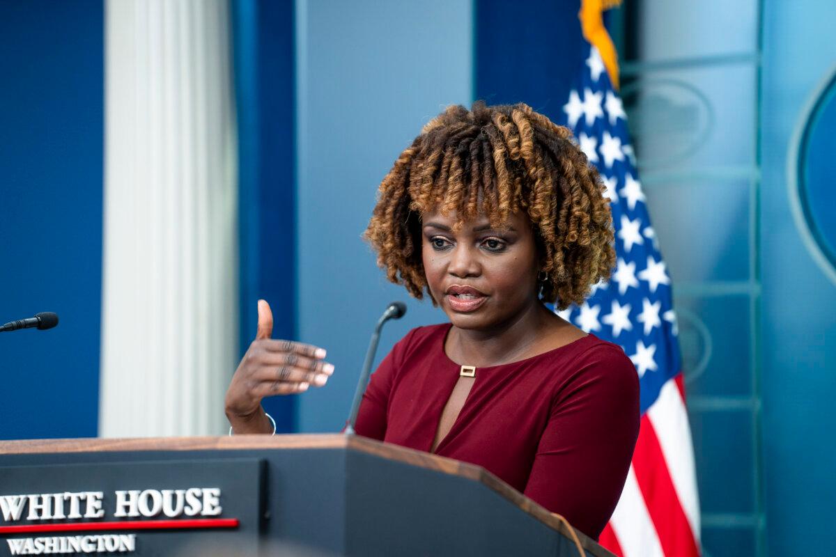 White House press secretary Karine Jean-Pierre speaks to the media during a press briefing on April 15, 2024. (Madalina Vasiliu/The Epoch Times)
