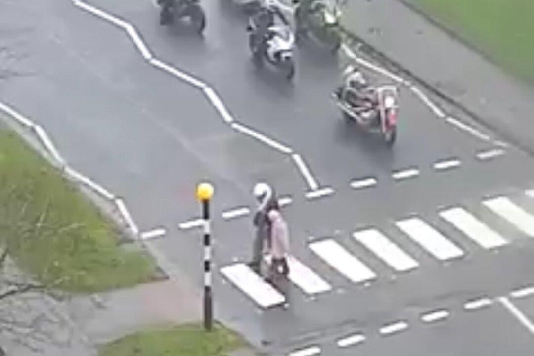 Biker Helps Older Lady Cross a Road