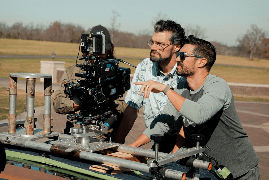 Directors Joel Smallbone (L) and Richard Ramsey on the set of "Unsung Hero." (Lionsgate)