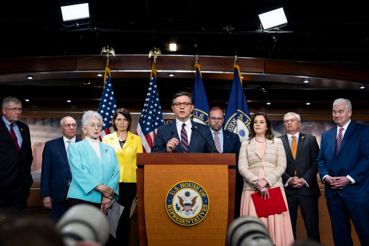 House Speaker Mike Johnson (R-La.) and other Republican Committee Chairs speak during a press conference about students protesting the Israel-Gaza conflict across major universities in the U.S., in Washington on April 30, 2024. (Madalina Vasiliu/The Epoch Times)