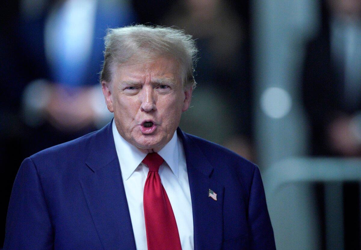 Former President Donald Trump speaks to the media outside Manhattan Criminal Court in New York City, on April 30, 2024. (Eduardo Munoz/Getty Images)