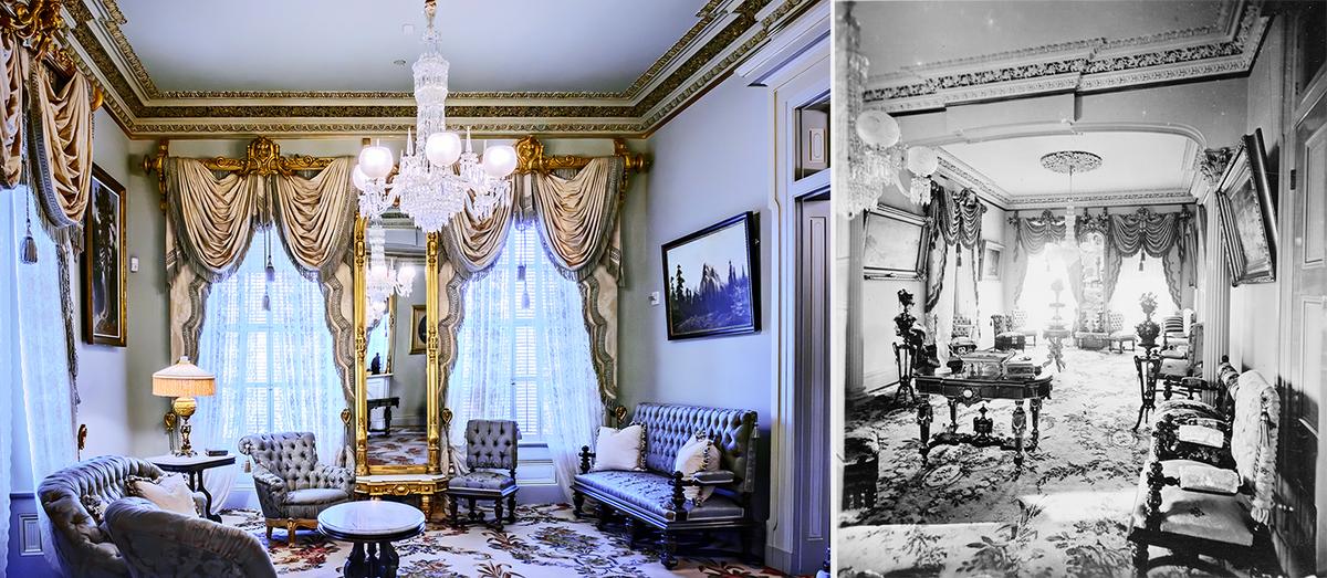 A comparison of the Leland Stanford formal parlor from 1872 to current. (L) (Courtesy of Maria Coulson) (R) The formal parlor, facing north, by Eadweard Muybridge. Stanford University Archives, Library of Congress. (Public Domain)