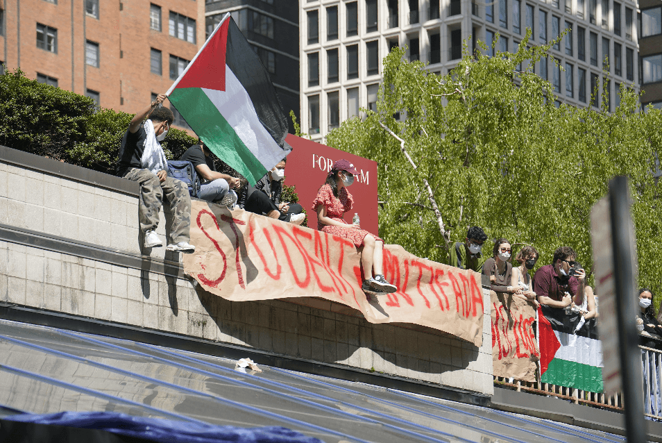 Protesters at Fordham University in New York City on May 1, 2024. (Enrico Trigoso/The Epoch Times)