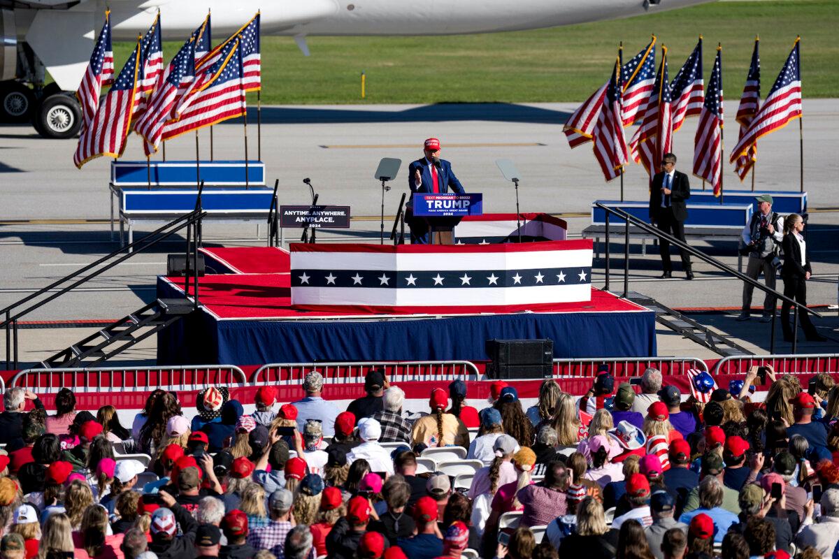Republican presidential candidate, former U.S. President Donald Trump speaks during a rally at Avflight Saginaw in Freeland, Mich., on May 1, 2024. (Nic Antaya/Getty Images)