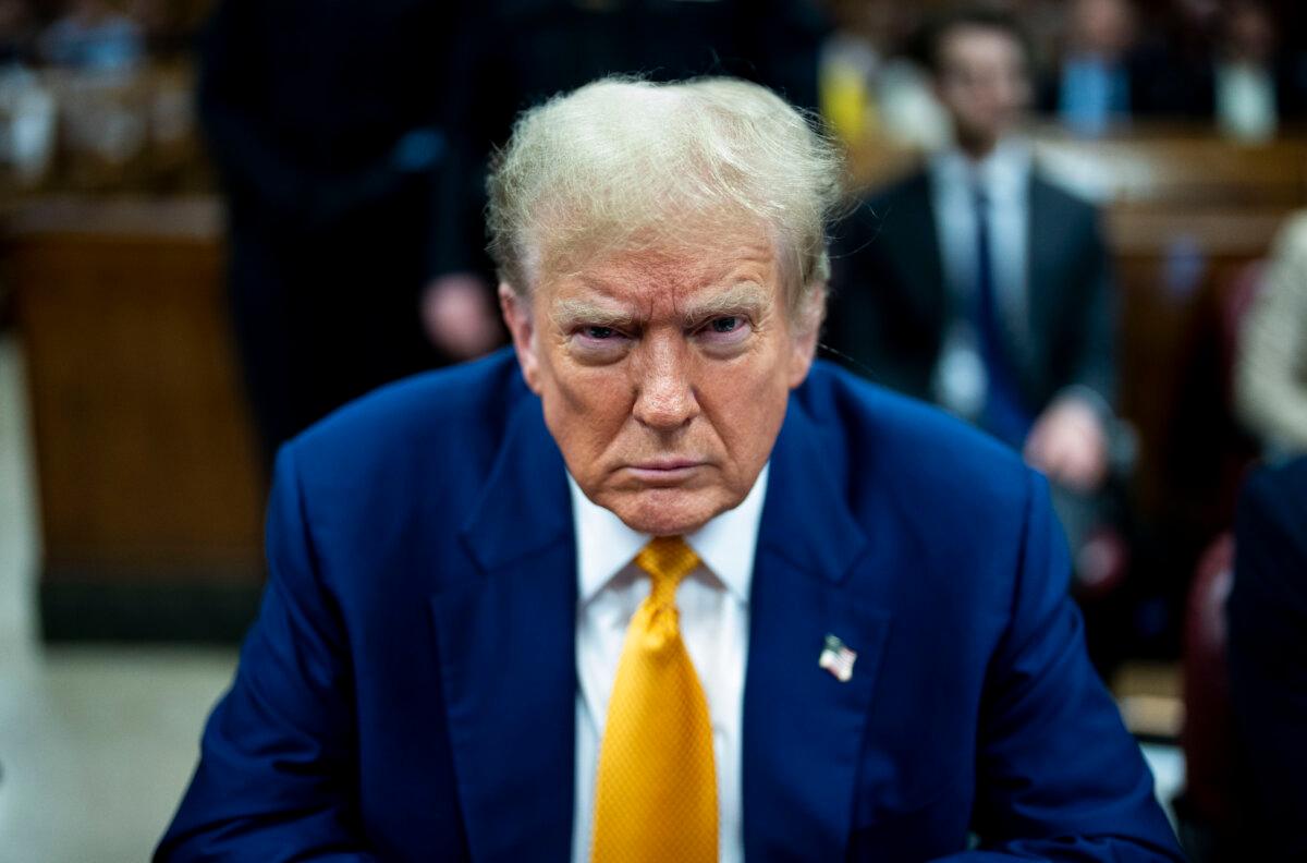 Former President Donald Trump attends his trial for allegedly covering up "hush money" payments at Manhattan Criminal Court on May 2, 2024, in New York City. (Doug Mills-Pool/Getty Images)