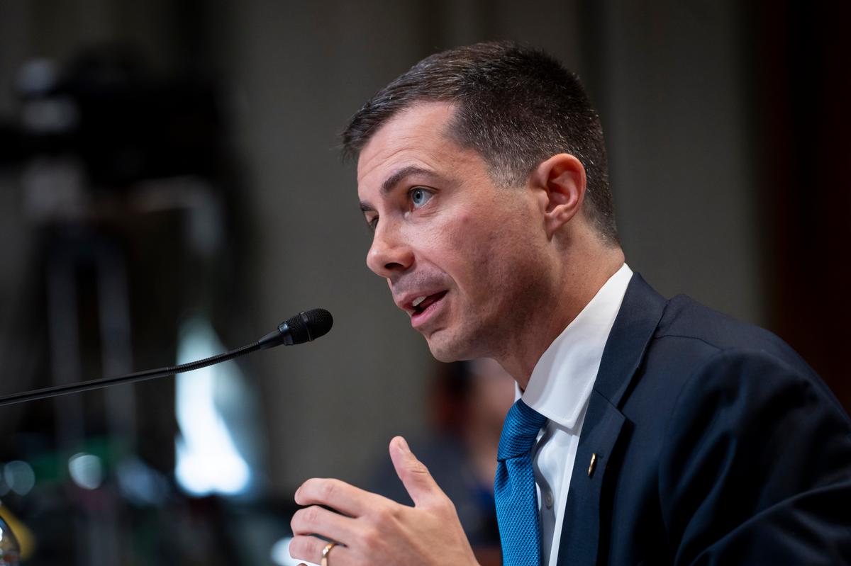 Secretary of the Department of Transportation Pete Buttigieg testifies before the Senate Committee on Appropriations in Washington on May 2, 2024. (Madalina Vasiliu/The Epoch Times)