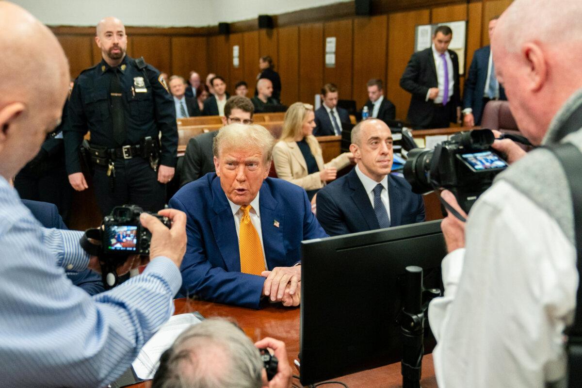 Former President Donald Trump appears in court during his trial for allegedly covering up "hush money" payments at Manhattan Criminal Court in New York City on May 2, 2024. (Jeenah Moon/Getty Images)