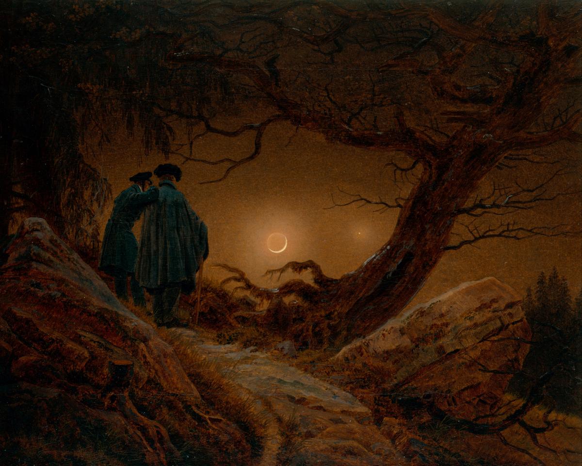 "Two Men Contemplating the Moon," circa 1819, by Caspar David Friedrich. Oil on canvas; 13 3/4 inches by 17 1/2 inches. New Masters Gallery, Dresden, Germany. (Public Domain)