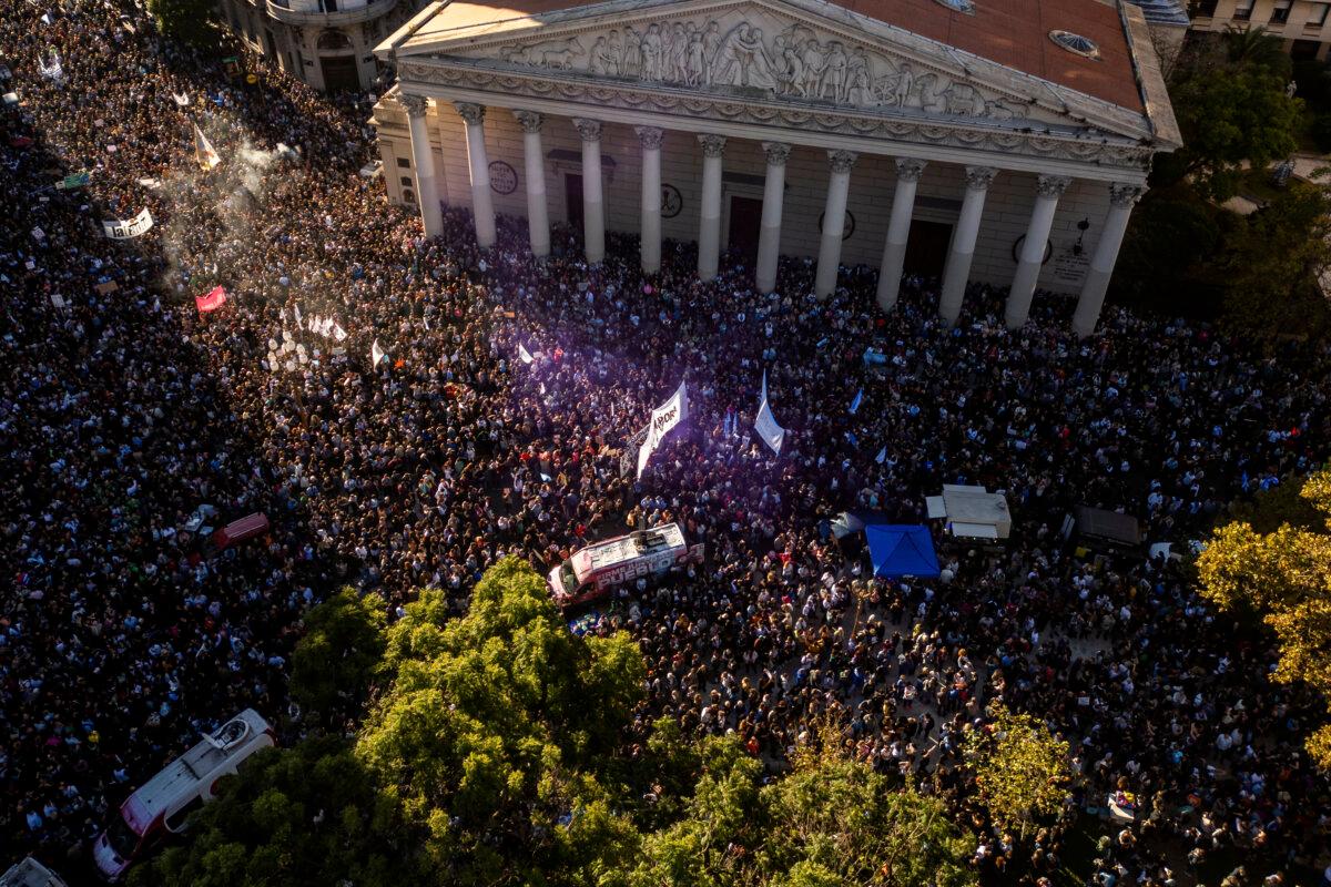 Aerial view during a march in protest of the budget adjustment to public universities in Buenos Aires, Argentina, on April 23, 2024. (Tomas Cuesta/AFP via Getty Images)