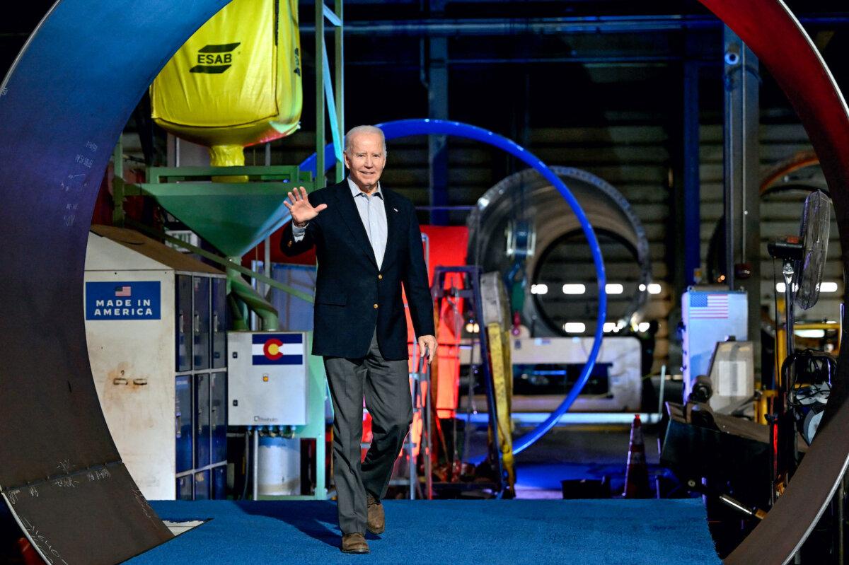 President Joe Biden arrives to deliver remarks on his "Bidenomics" economic plan, at CS Wind, the largest wind tower manufacturer in the world, in Pueblo, Col., on Nov. 29, 2023. (Andrew Caballero-Reynolds/AFP via Getty Images)