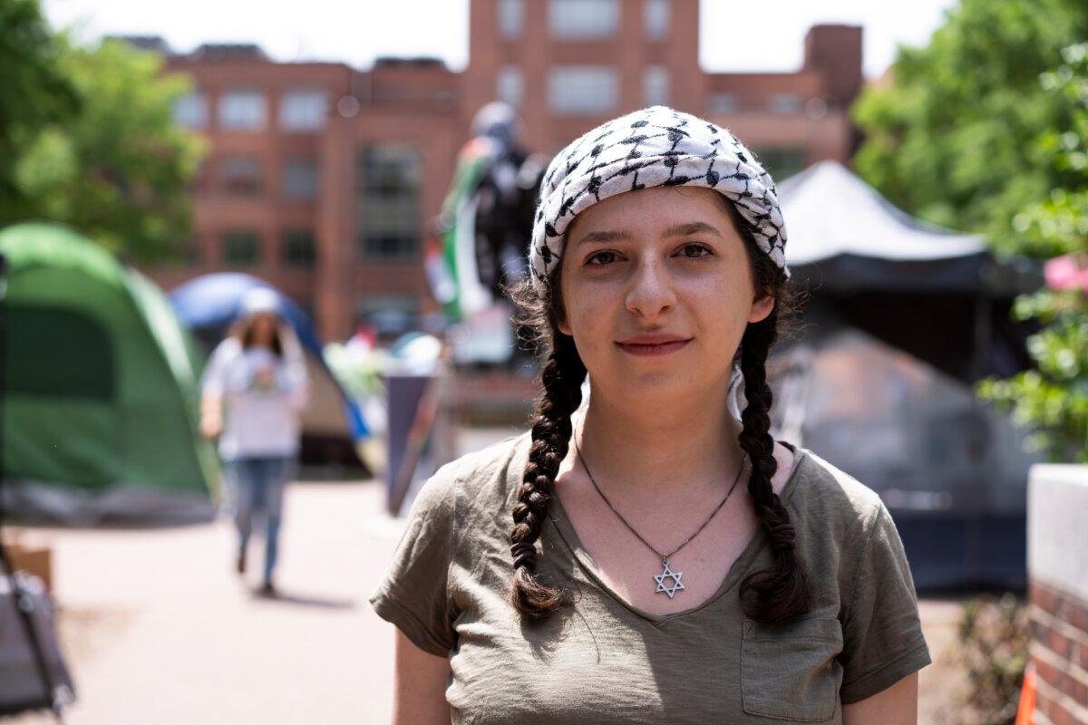 Miriam, a sophomore psychology major at an encampment of students protesting at George Washington University in Washington on May 3, 2024. (Madalina Vasiliu/The Epoch Times)