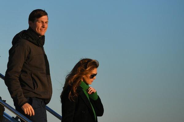 Senior Advisor to the President Jared Kushner (L) and counselor to the president Hope Hicks step off Air Force One upon arrival at Pittsburgh International Airport in Pittsburgh, Pennsylvania on Oct. 31, 2020. (MANDEL NGAN/AFP via Getty Images)