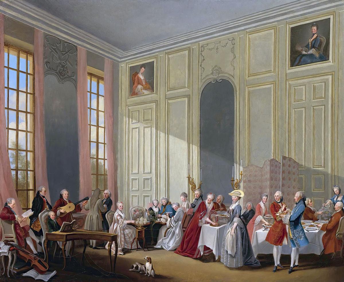 Mozart giving a concert in the Salon Des Quatre-Glaces Au Palais Dutemple in the Court of the Prince de Conti, 1770, by Michel-Barthélémy Ollivier. Palace of Versailles. (Public Domain)