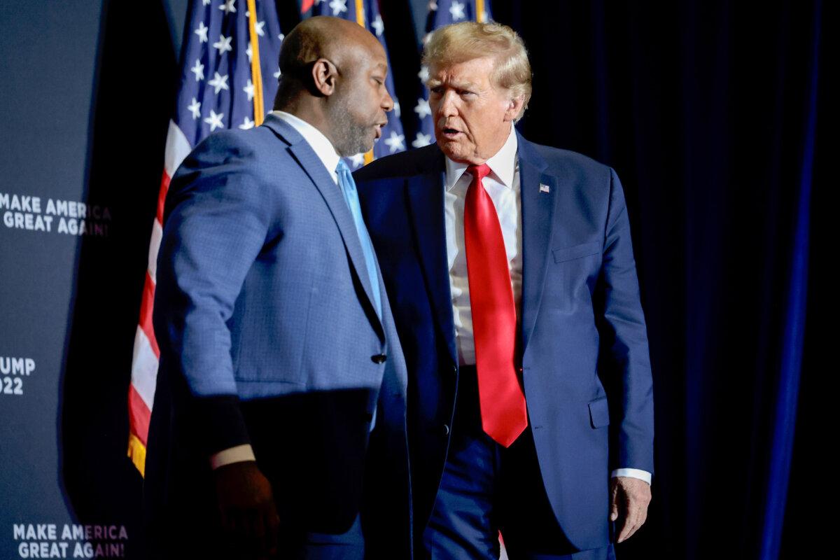 Republican presidential candidate and former President Donald Trump and Sen. Tim Scott (R-S.C.) at the Get Out The Vote rally at the North Charleston Convention Center in North Charleston, S.C., on Feb. 14, 2024. (Win McNamee/Getty Images)