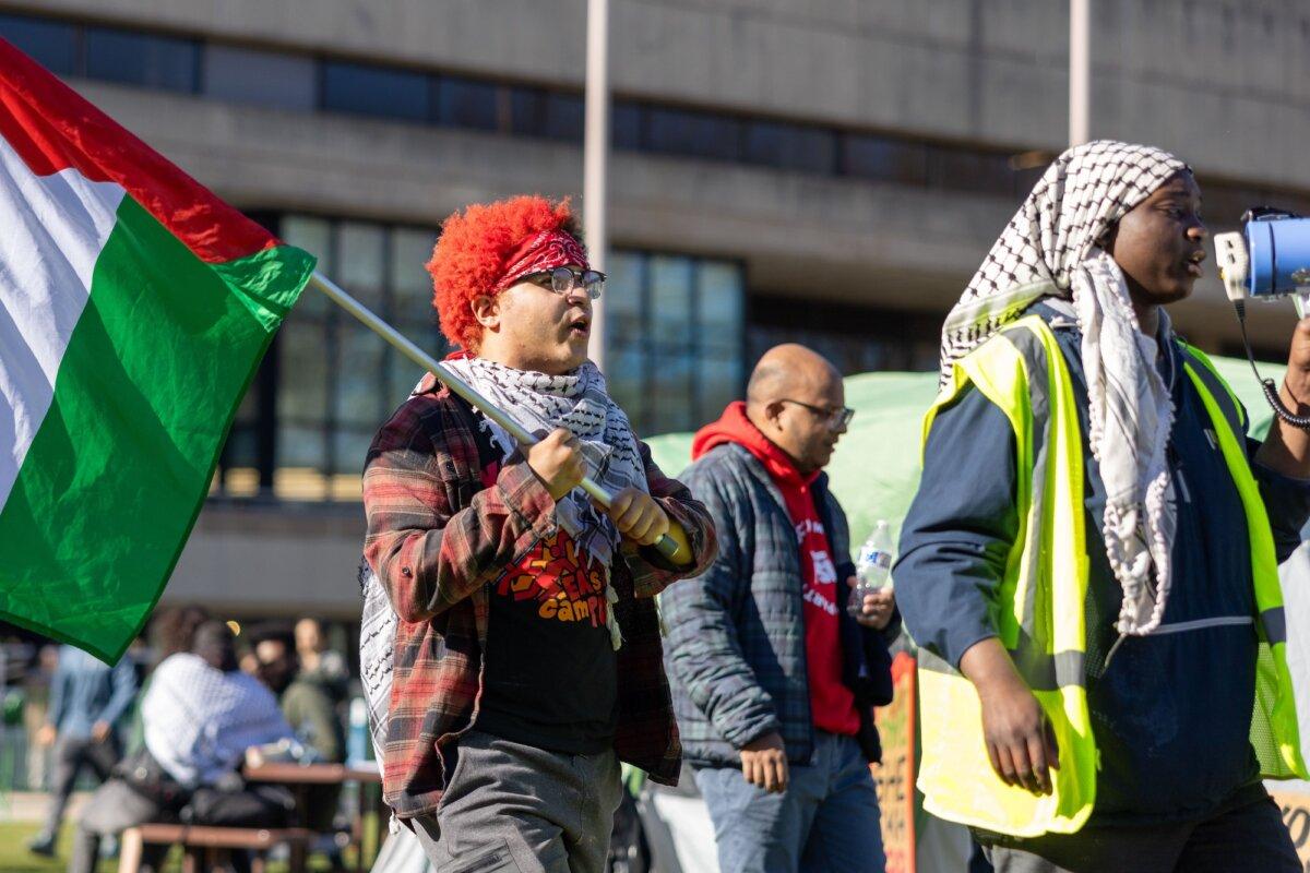 People rally at a protest encampment on Massachusetts Institute of Technology's (MIT) Kresge Lawn, in Cambridge, Massachusetts, on April 22, 2024. (Scott Eisen/Getty Images)