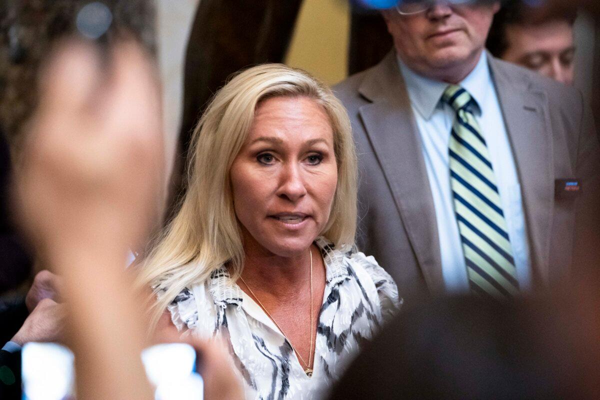 Rep. Marjorie Taylor Greene (R-Ga.) speaks to the media after meeting with House Speaker Mike Johnson (R-La.) in Washington on May 6, 2024. (Madalina Vasiliu/The Epoch Times)