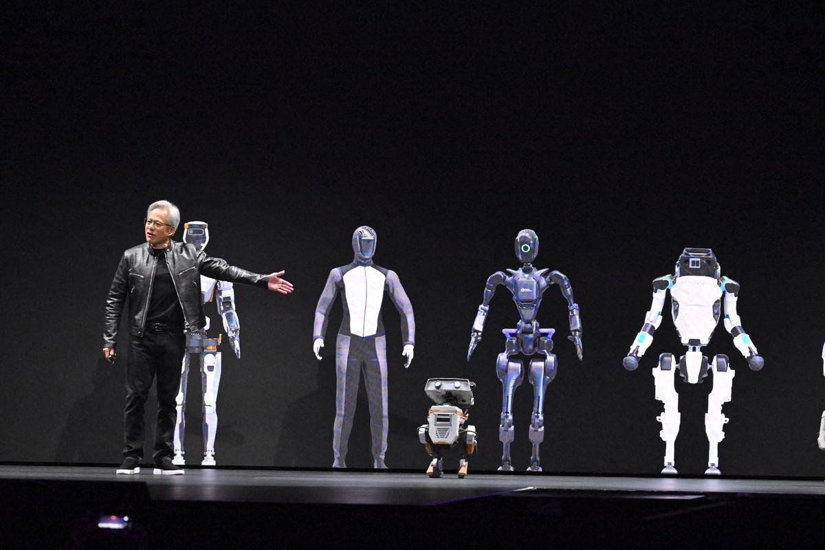 NVIDIA's CEO Jensen Huang speaks during the annual Nvidia GTC Artificial Intelligence Conference at SAP Center in San Jose, California, on March 18, 2024. (JOSH EDELSON/AFP via Getty Images)