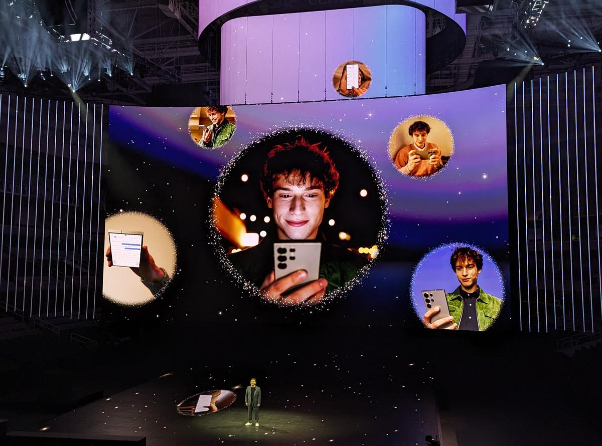 The Samsung vice president of product management unveils new flagship Galaxy phones packed with artificial intelligence features at a media event in the Silicon Valley city of San Jose, Calif., on Jan. 17, 2024. (Glenn Chapman/AFP via Getty Images)