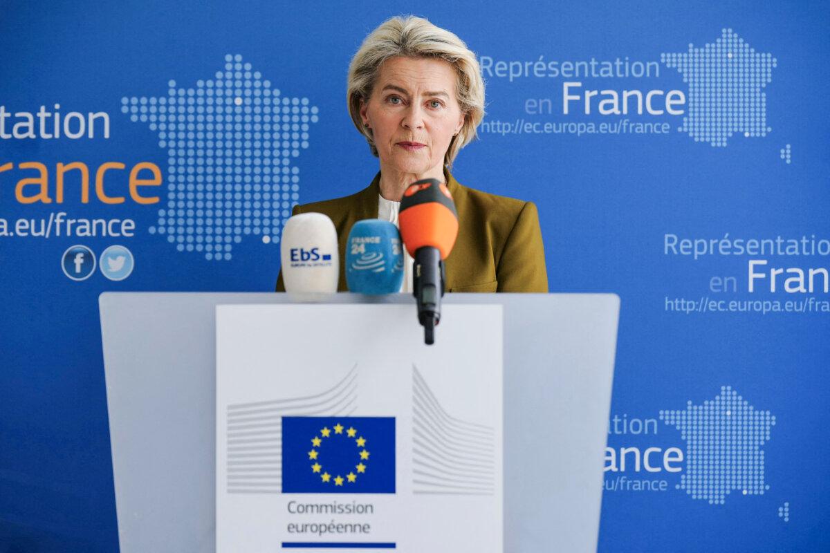 European Commission President Ursula von der Leyen delivers a speech to the press at the French representation of the European Commission in Paris on May 6, 2024. (Dimitar Dilkoff/AFP via Getty Images)