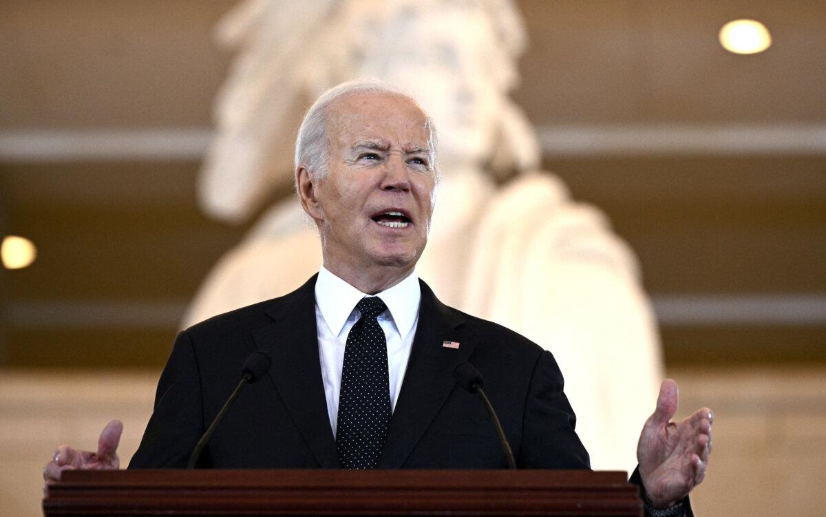 US President Joe Biden speaks at the annual Days of Remembrance ceremony for Holocaust survivors at the US Capitol in Washington, DC, on May 7, 2024. (Photo by Brendan SMIALOWSKI / AFP)