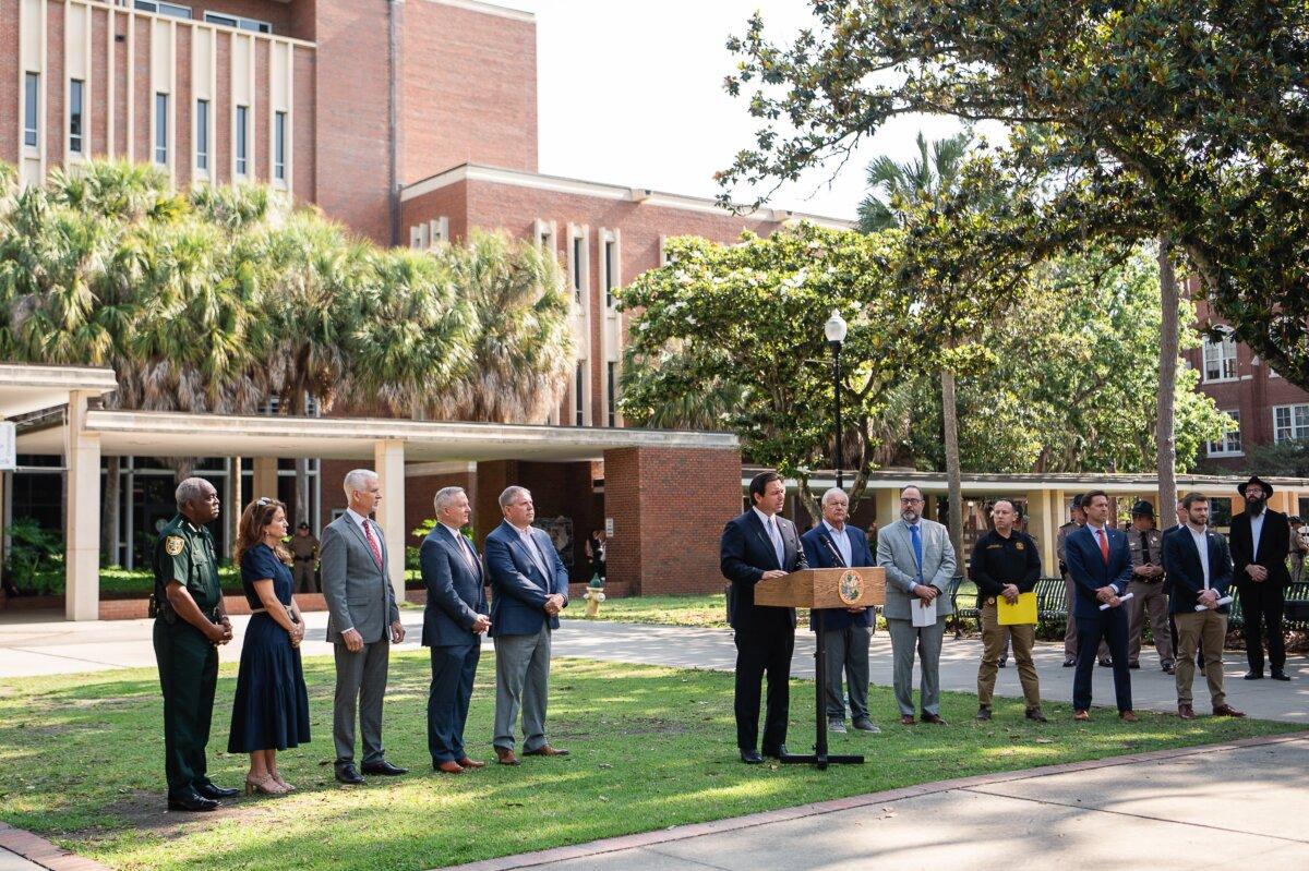 Florida Gov. Ron DeSantis reiterates his commitment to keeping college campuses and graduations safe amid widespread pro-Palestine protests during a press conference at the University of Florida in Gainesville, Fla., on May 8, 2024. (Christine Plumley for The Epoch Times)