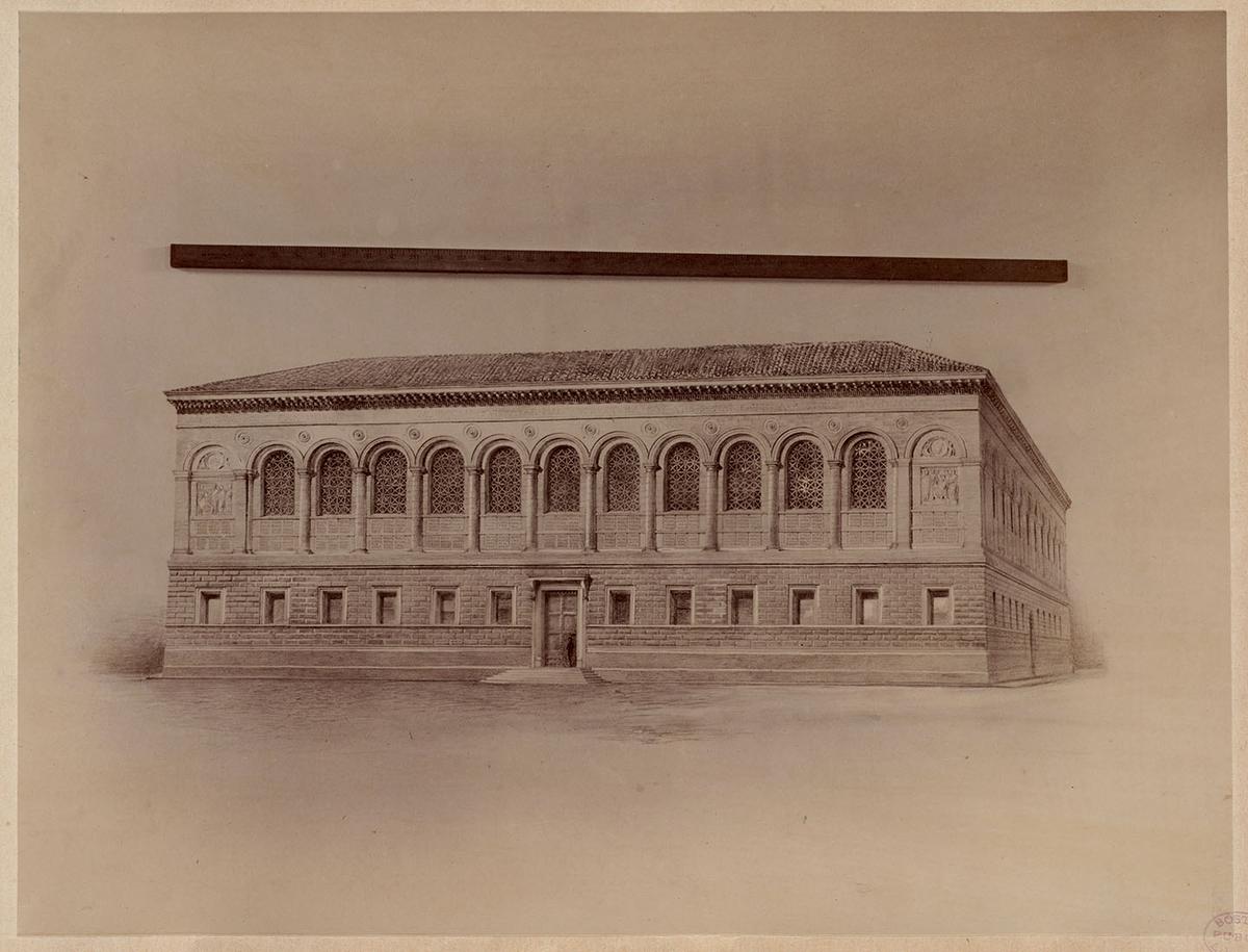 Architect's rendering of the McKim Building with a measuring stick for scale, construction of the McKim Building, circa 1888. Digital Commonwealth, Worcester, MA. (Public Domain)